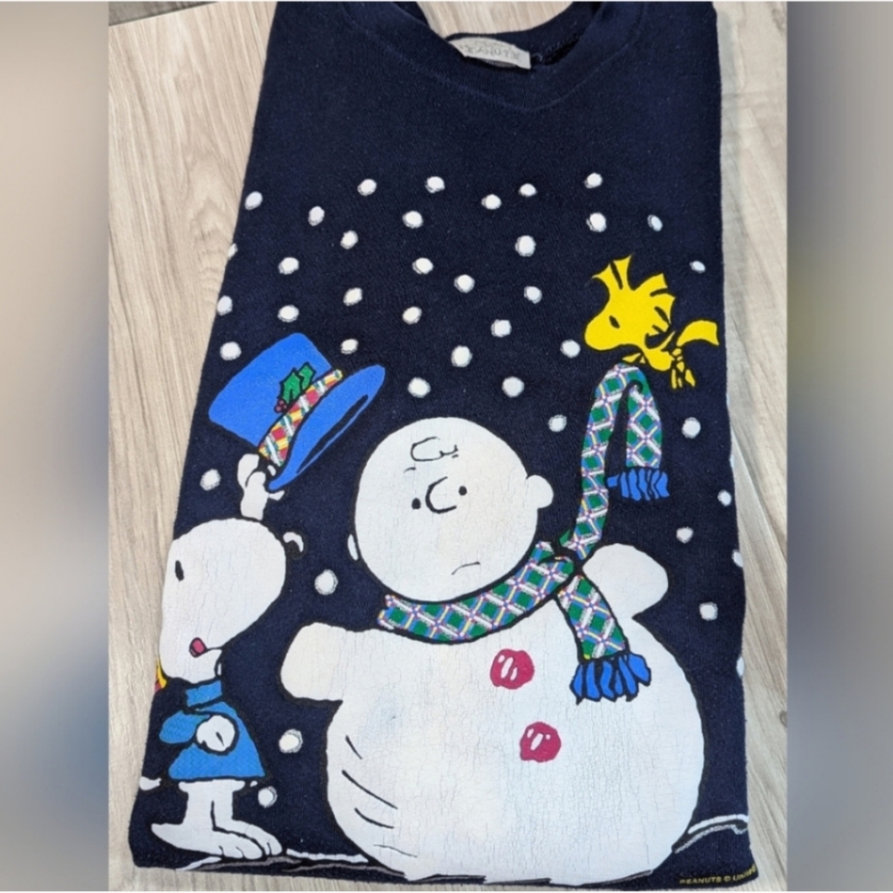 Charlie Brown Sweatshirt Women's Size Large "VTG 90s CHRISTMAS" Navy Peanuts